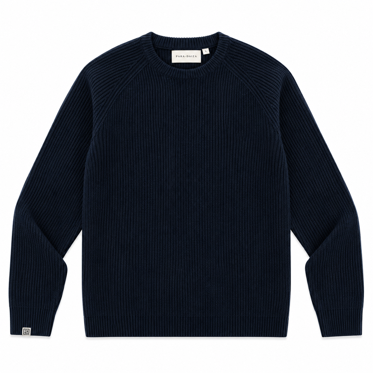 A dark navy blue ribbed knit crewneck sweater with raglan sleeves, shown flat against a plain white background.