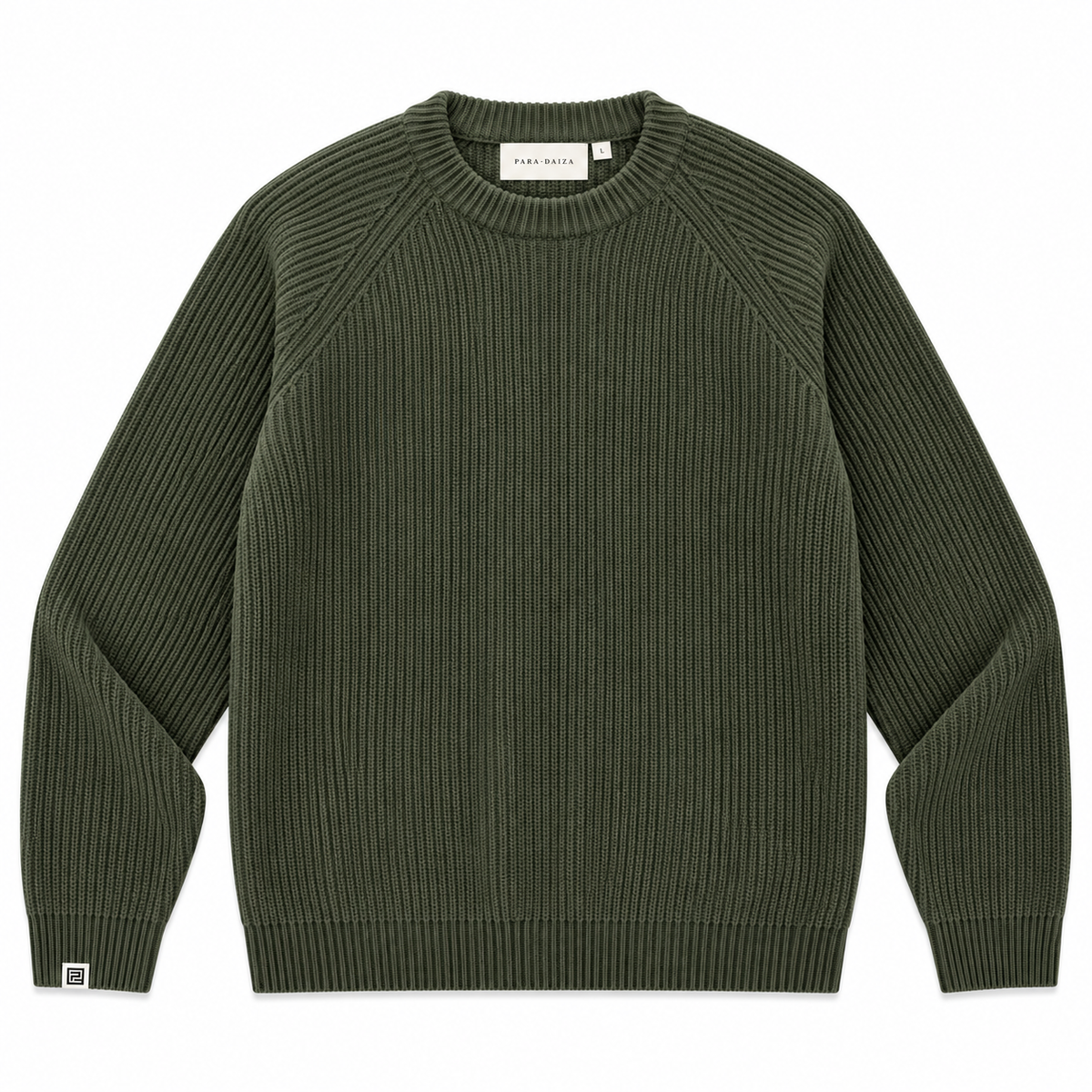 An olive green ribbed knit crewneck sweater with raglan sleeves, laid flat against a white background.