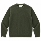 An olive green ribbed knit crewneck sweater with raglan sleeves, laid flat against a white background.