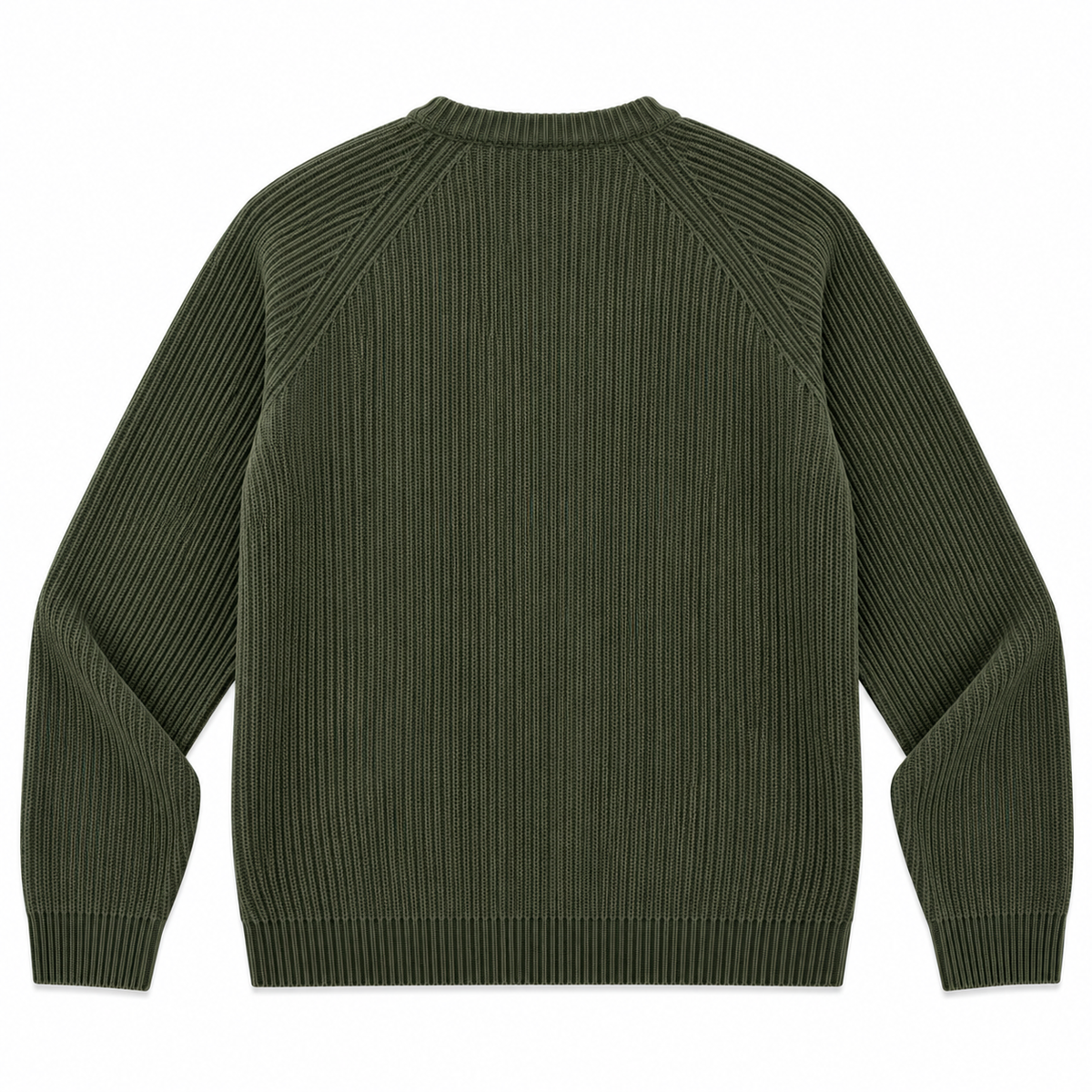 An olive green ribbed knit sweater shown from the back, featuring raglan sleeves and a crew neck, laid flat against a white background.