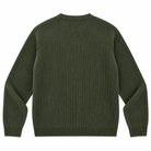 An olive green ribbed knit sweater shown from the back, featuring raglan sleeves and a crew neck, laid flat against a white background.