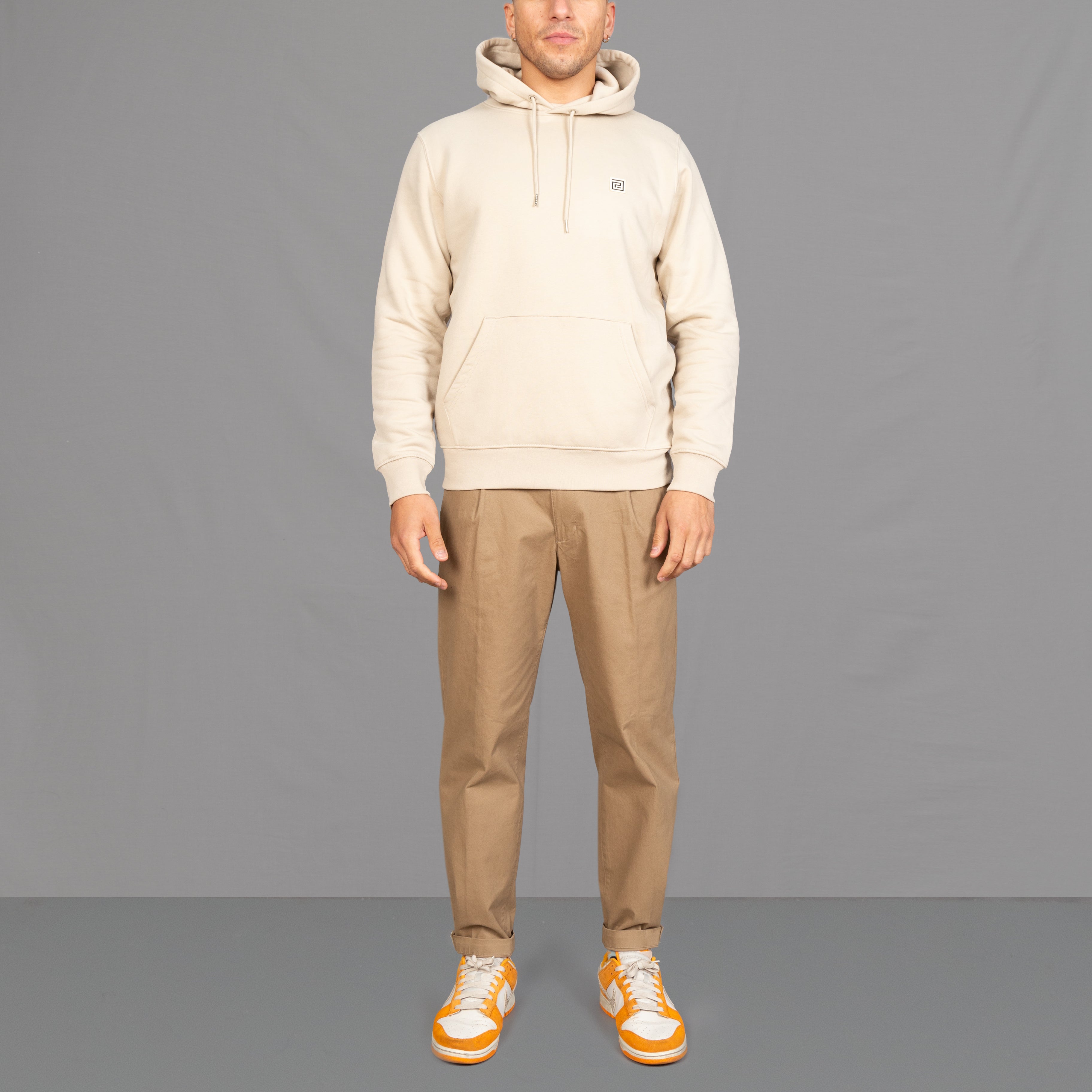 Sand Coloured hoodie sweatshirt and tapered chino, with Nikes