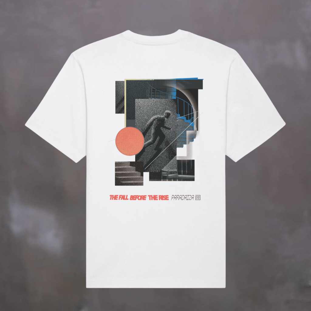 ParadaizaWhite t-shirt with a graphic design on the back against a dark background