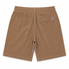 A pair of brown corduroy shorts with an elastic waistband, two back patch pockets, and a small square brand label on the right pocket, shown against a plain white background.
