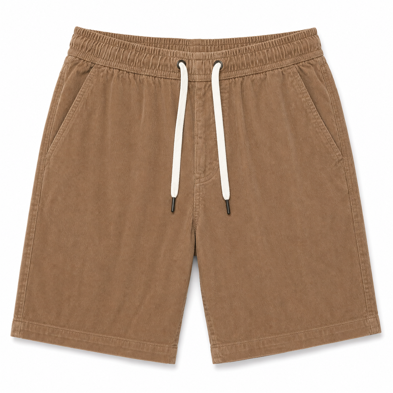 A pair of brown corduroy shorts with a white drawstring, displayed flat against a white background.