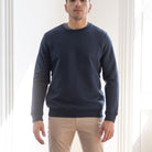 model wears navy crew sweat 