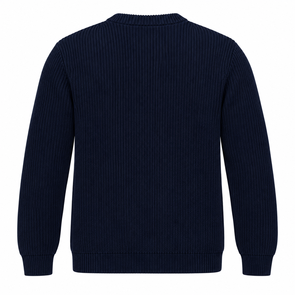 A dark navy blue ribbed knit sweater shown from the back, featuring long sleeves, a crew neck, and ribbed cuffs and hem, set against a plain white background.