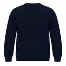A dark navy blue ribbed knit sweater shown from the back, featuring long sleeves, a crew neck, and ribbed cuffs and hem, set against a plain white background.