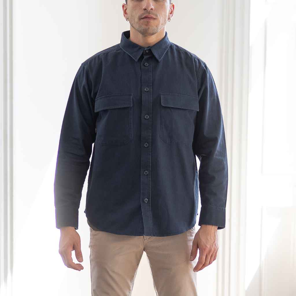 model wears paradaiza overshirt navy