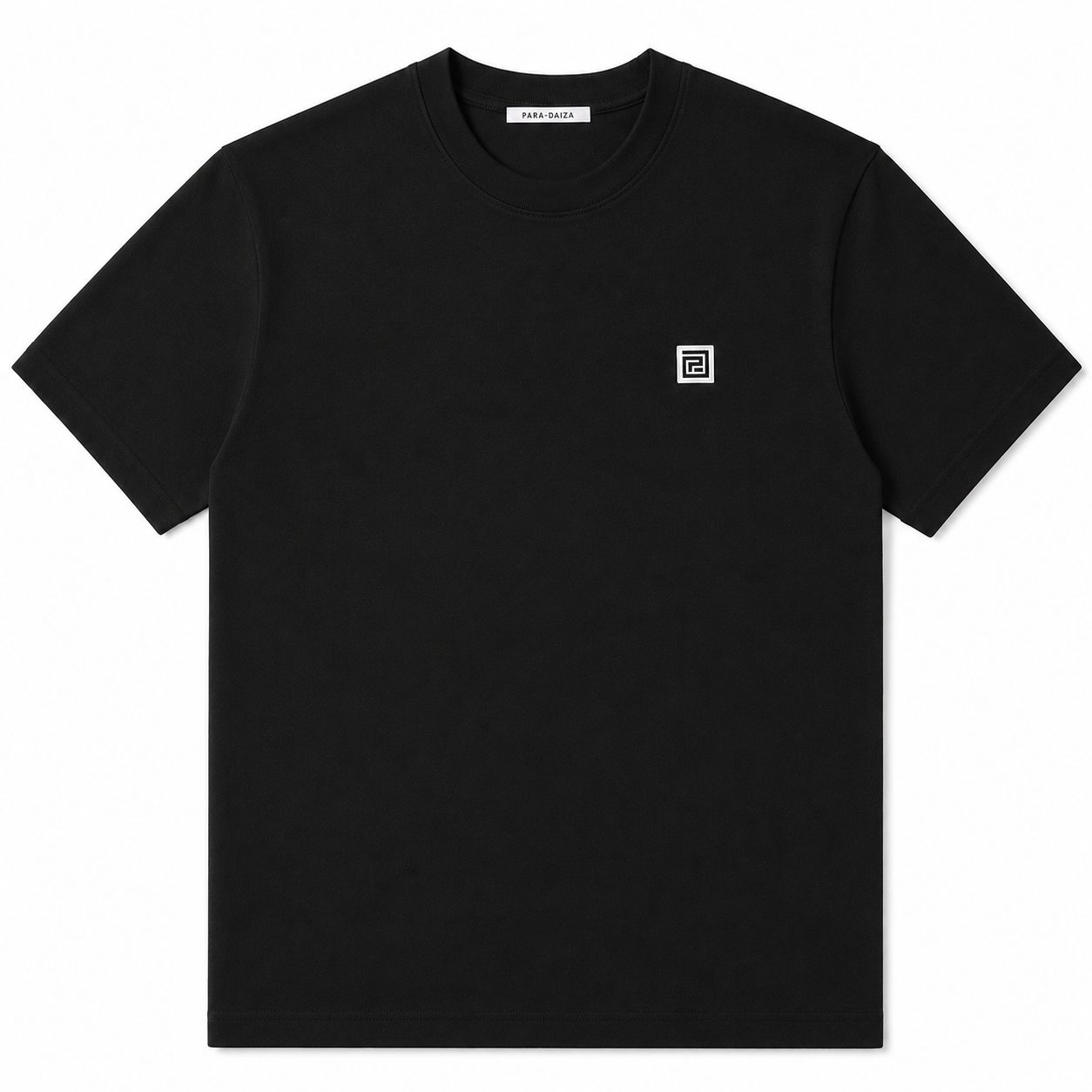 Black t-shirt with a small PARADAIZA logo on the chest against a white background