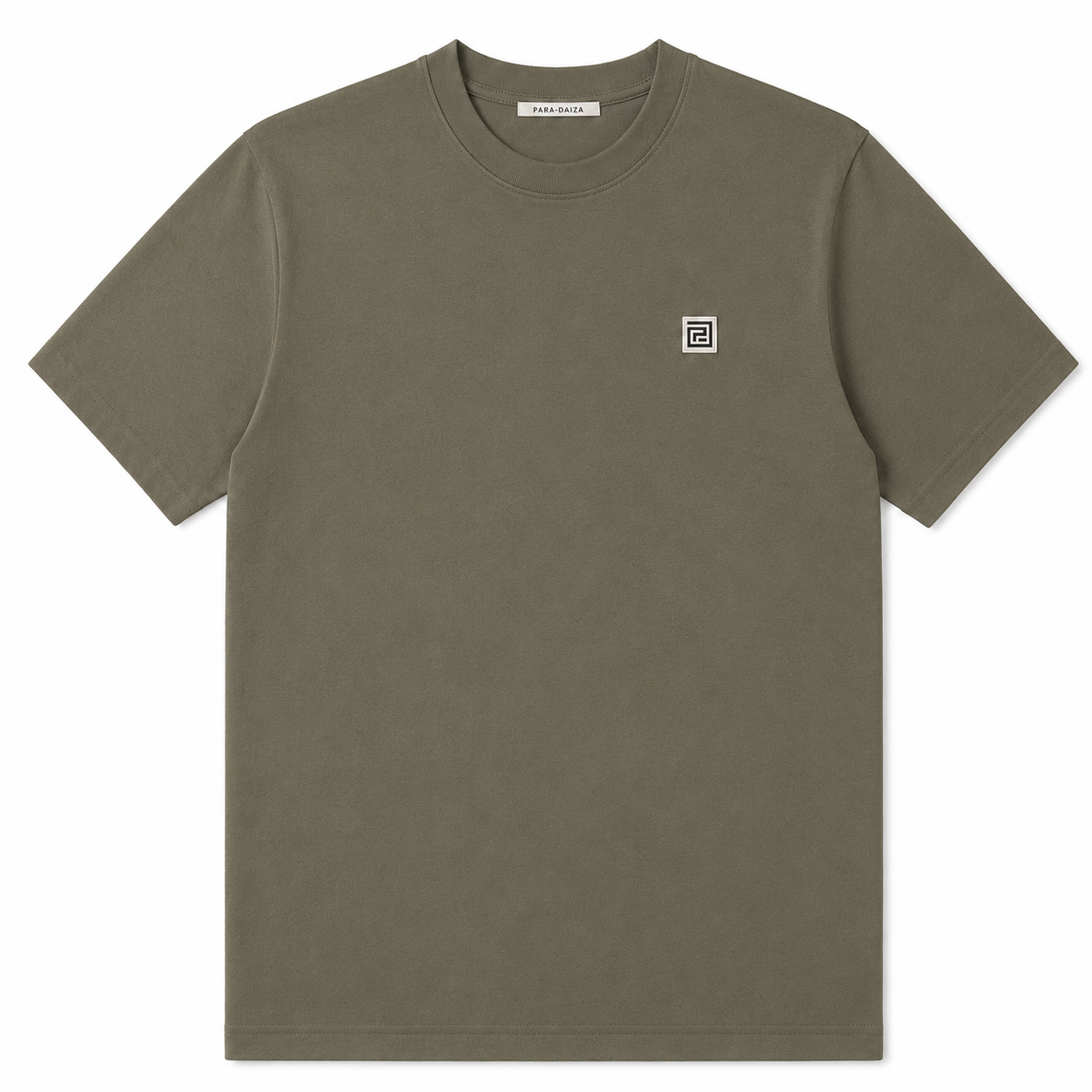 Olive green t-shirt with a small PARADAIZA logo on a white background