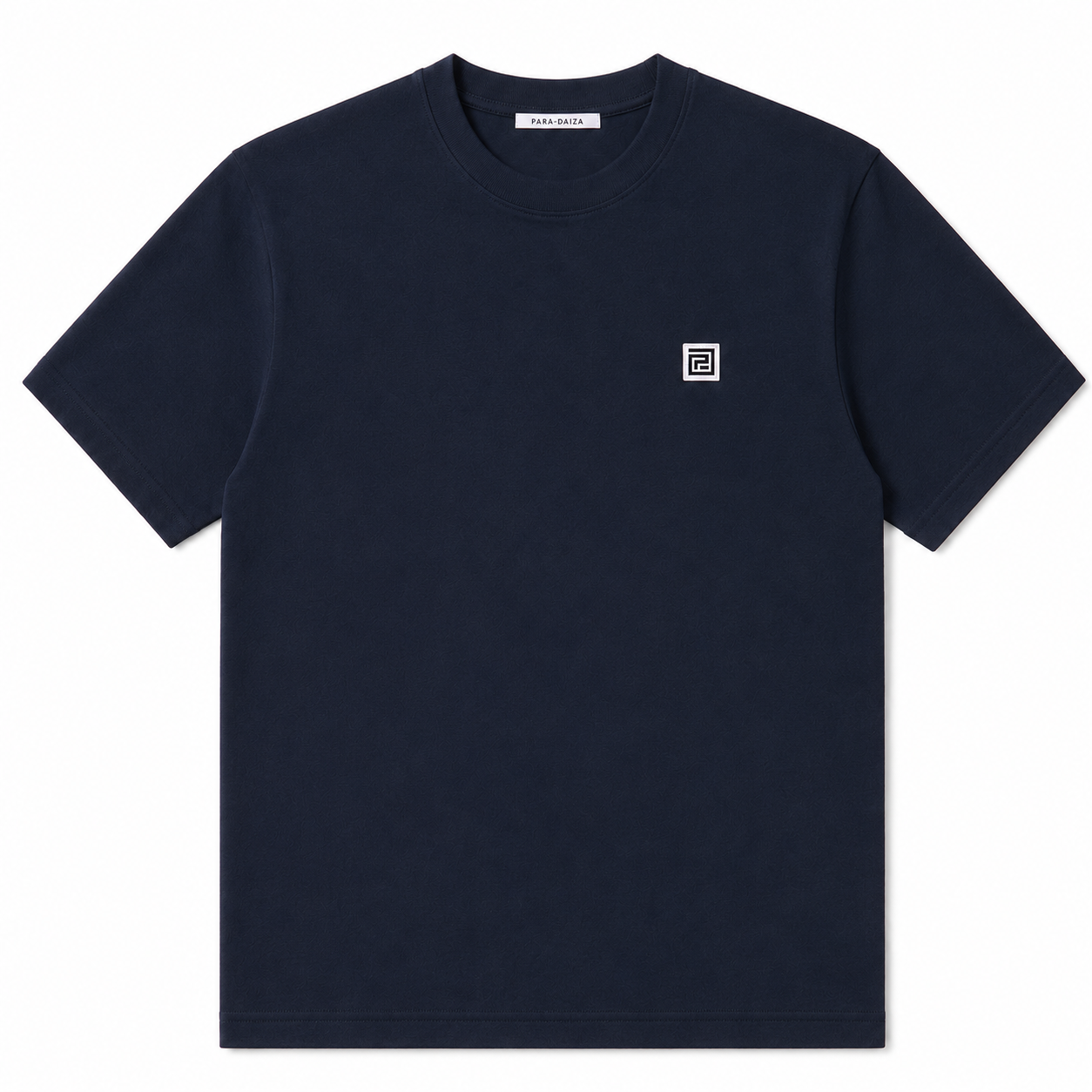 Navy blue t-shirt with a small paradaiza logo on a white background 