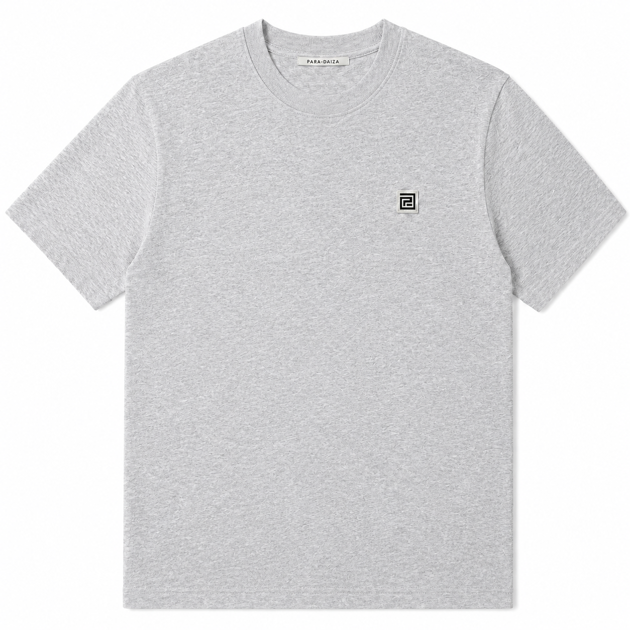 Grey t-shirt with a paradaiza small logo on a white background