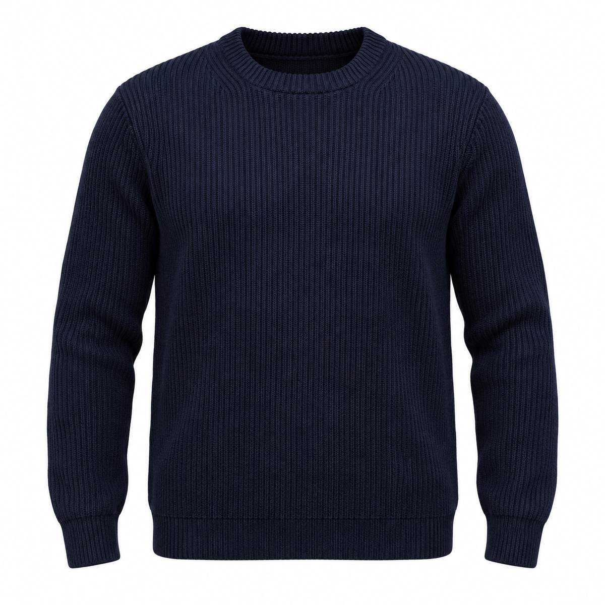A dark navy blue ribbed knit crewneck sweater displayed on a clean white background.