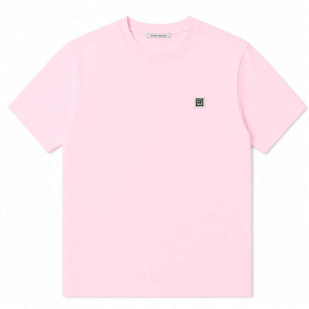 Pink t-shirt with a small logo on a white background