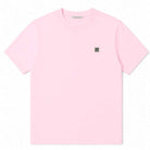 Pink t-shirt with a small logo on a white background