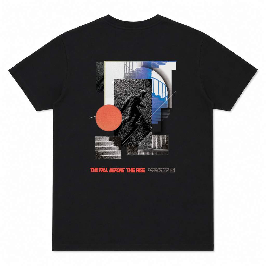 pardaiza Black t-shirt with abstract design and text on a white background