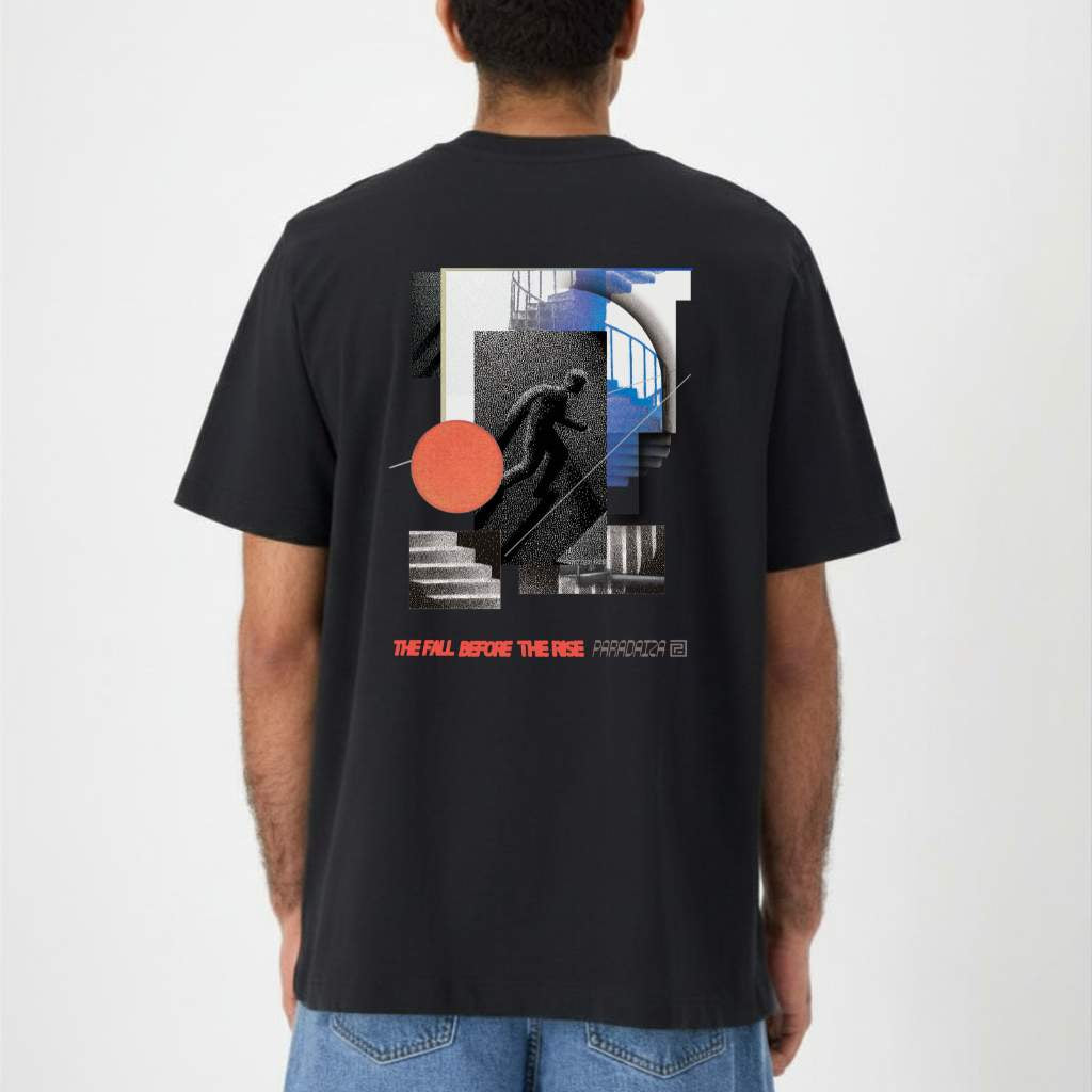paradaiza Black t-shirt with a graphic design on the back, worn by a person against a white background