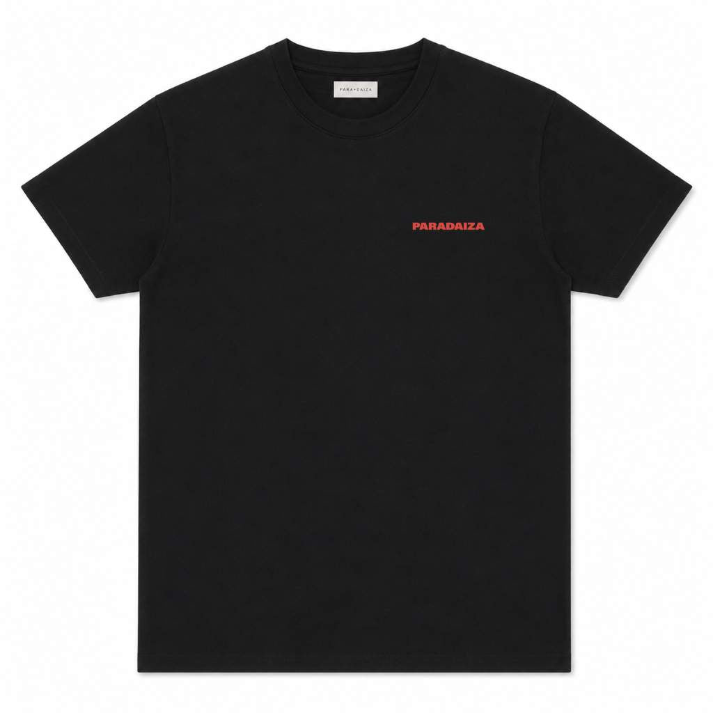 Black t-shirt with red logo on a white background