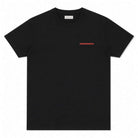 Black t-shirt with red logo on a white background