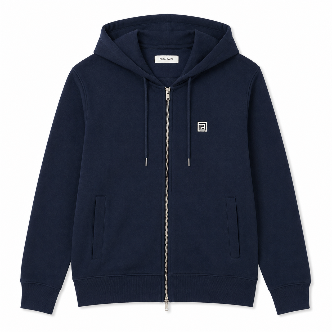 Paradaiza Navy blue hoodie with a brand maze  logo on a white background
