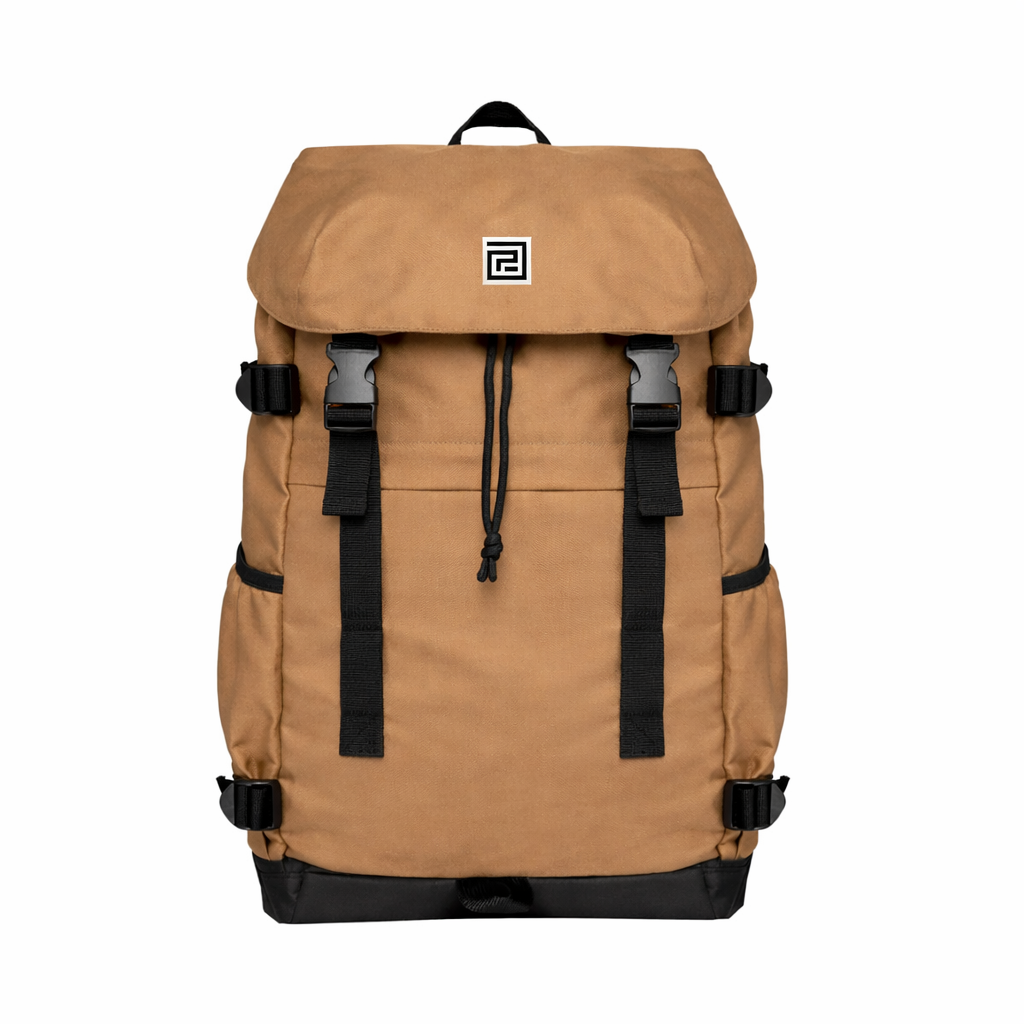 Tan paradaiza backpack with black straps on a white background