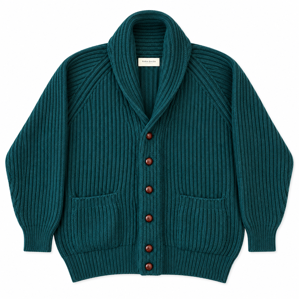 A dark teal ribbed knit cardigan sweater with a shawl collar, front button closure, and two front patch pockets, shown flat against a white background.
