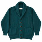 A dark teal ribbed knit cardigan sweater with a shawl collar, front button closure, and two front patch pockets, shown flat against a white background.