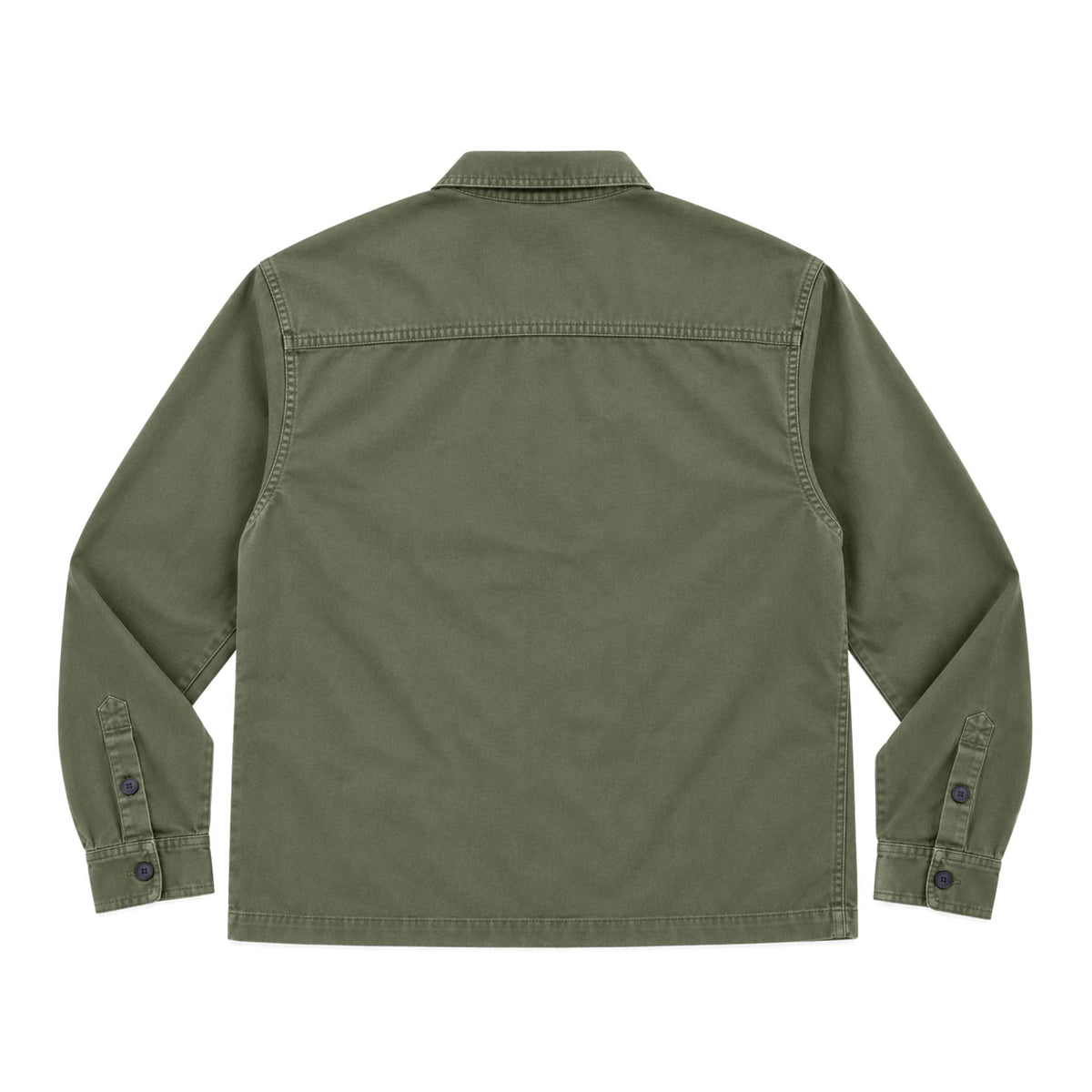 An olive green long-sleeve utility shirt jacket shown from the back, featuring a pointed collar, stitched shoulder seams, and buttoned cuffs, displayed on a solid white background.