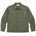 An olive green utility jacket from Carhartt, featuring a button-up front, a chest pocket with a brand patch, and two large front patch pockets, shown flat on a white background.
