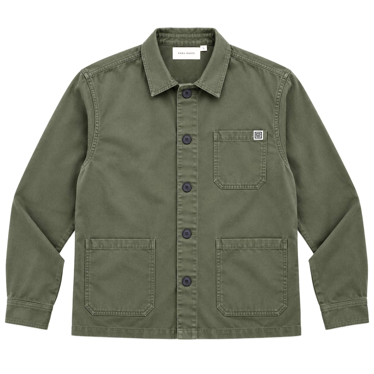 An olive green utility jacket from Carhartt, featuring a button-up front, a chest pocket with a brand patch, and two large front patch pockets, shown flat on a white background.