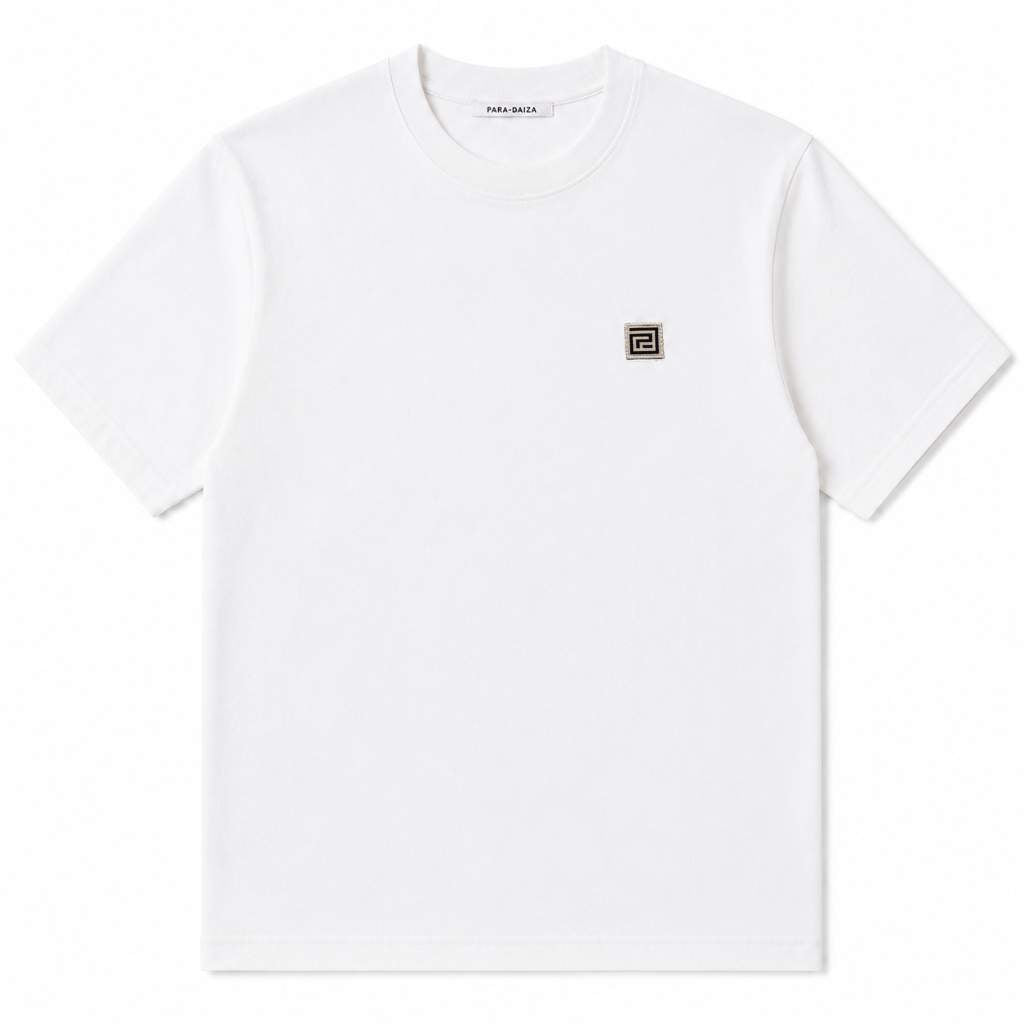 White  paradaiza t-shirt with a small logo on a white background