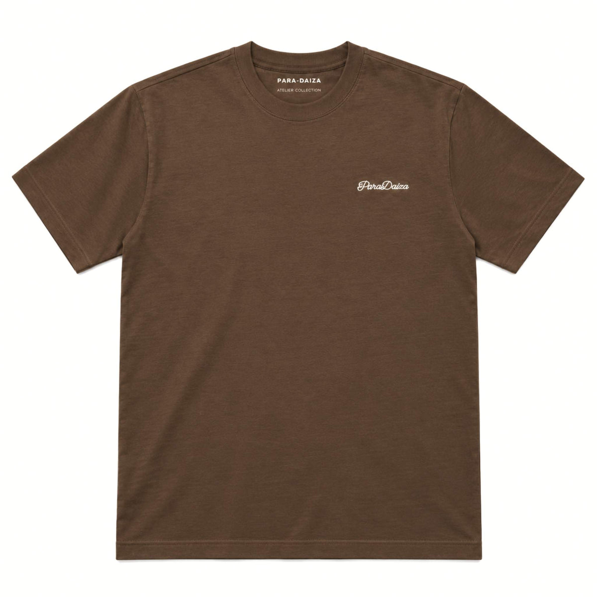 A brown short-sleeve crewneck t-shirt with a small white cursive logo on the left chest, displayed flat against a solid white background.