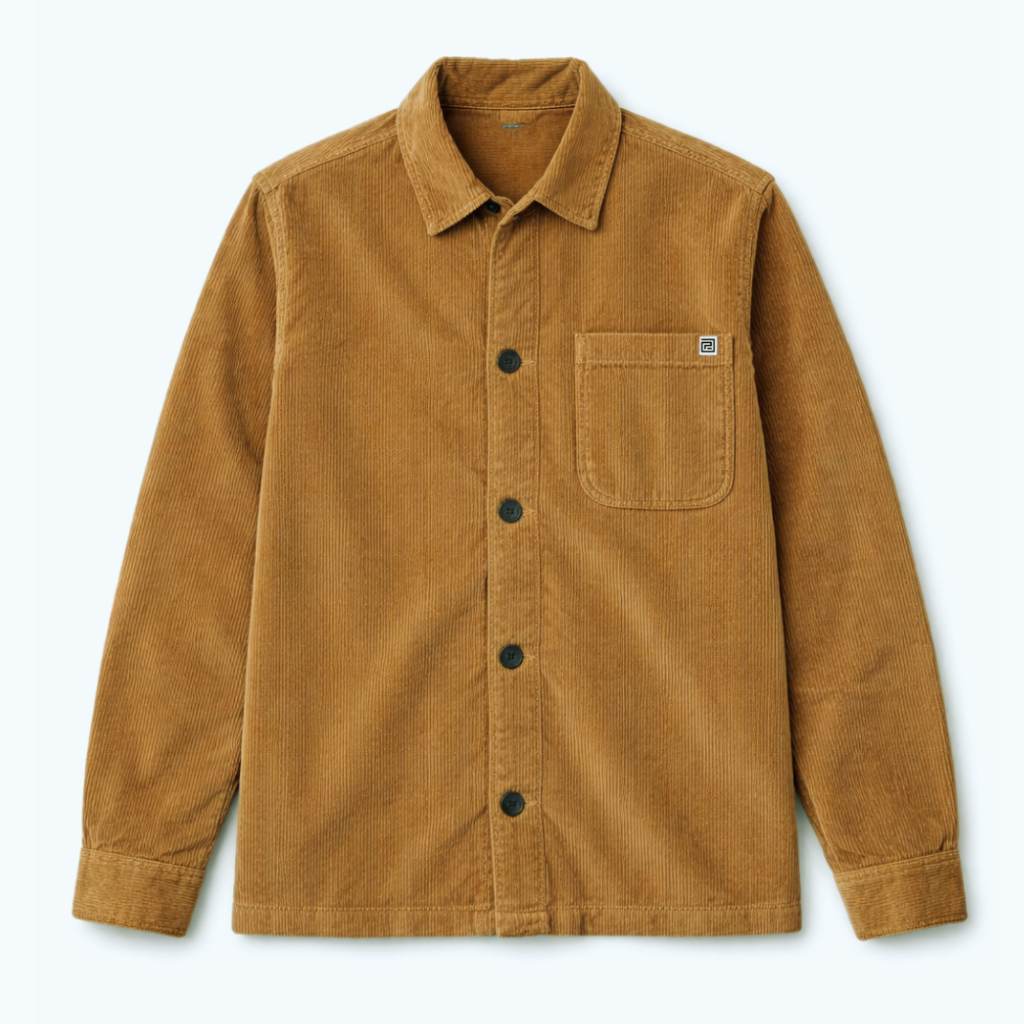 Paradaiza tan corduroy overshirt with a collar, buttons, and a patch chest pocket.