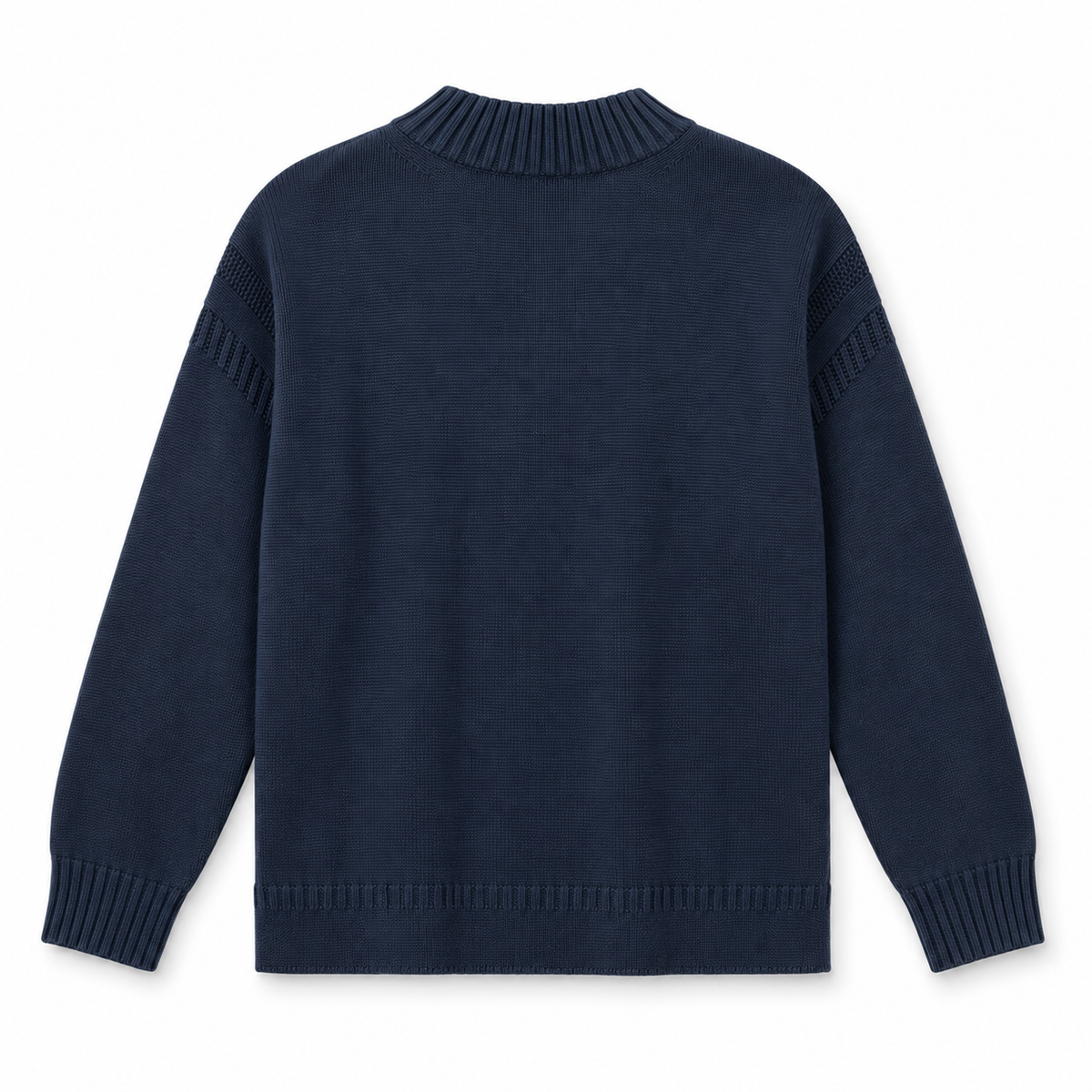 A dark navy blue knit sweater shown from the back, featuring ribbed collar, cuffs, and hem, with textured knit sleeve panels, on a plain white background.