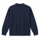A dark navy blue knit sweater shown from the back, featuring ribbed collar, cuffs, and hem, with textured knit sleeve panels, on a plain white background.