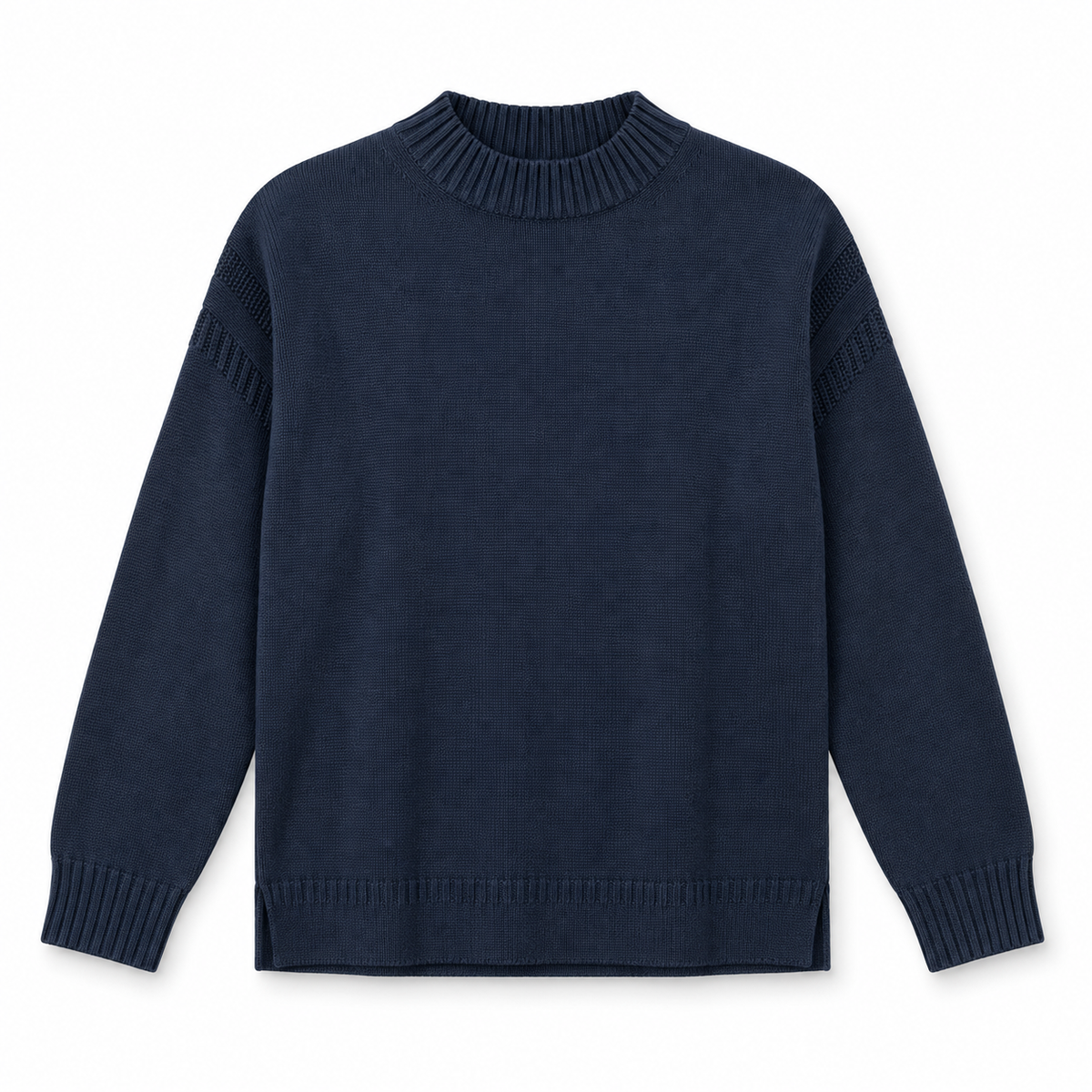 A dark navy blue knit sweater with a ribbed crew neck, cuffs, and hem, featuring textured knit sleeve panels, shown against a plain white background.