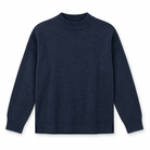 A dark navy blue knit sweater with a ribbed crew neck, cuffs, and hem, featuring textured knit sleeve panels, shown against a plain white background.
