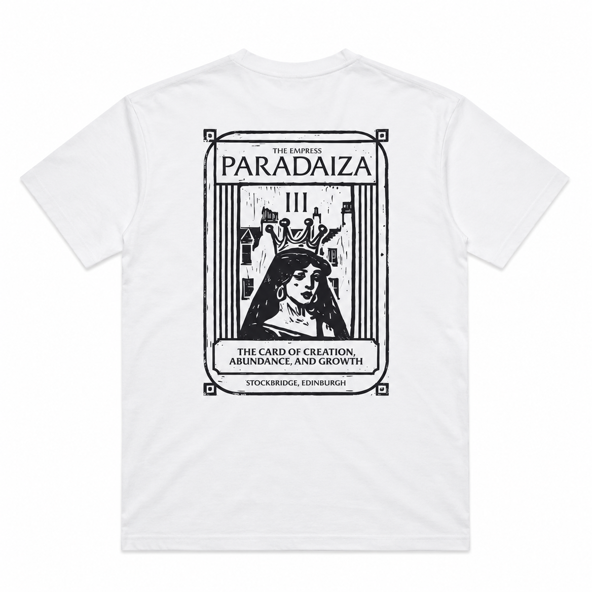 White short-sleeve t-shirt with a large black graphic print on the back featuring tarot card art and the text 'THE EMPRESS PARADAIZA'.