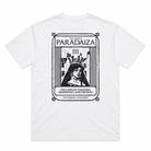 White short-sleeve t-shirt with a large black graphic print on the back featuring tarot card art and the text 'THE EMPRESS PARADAIZA'.