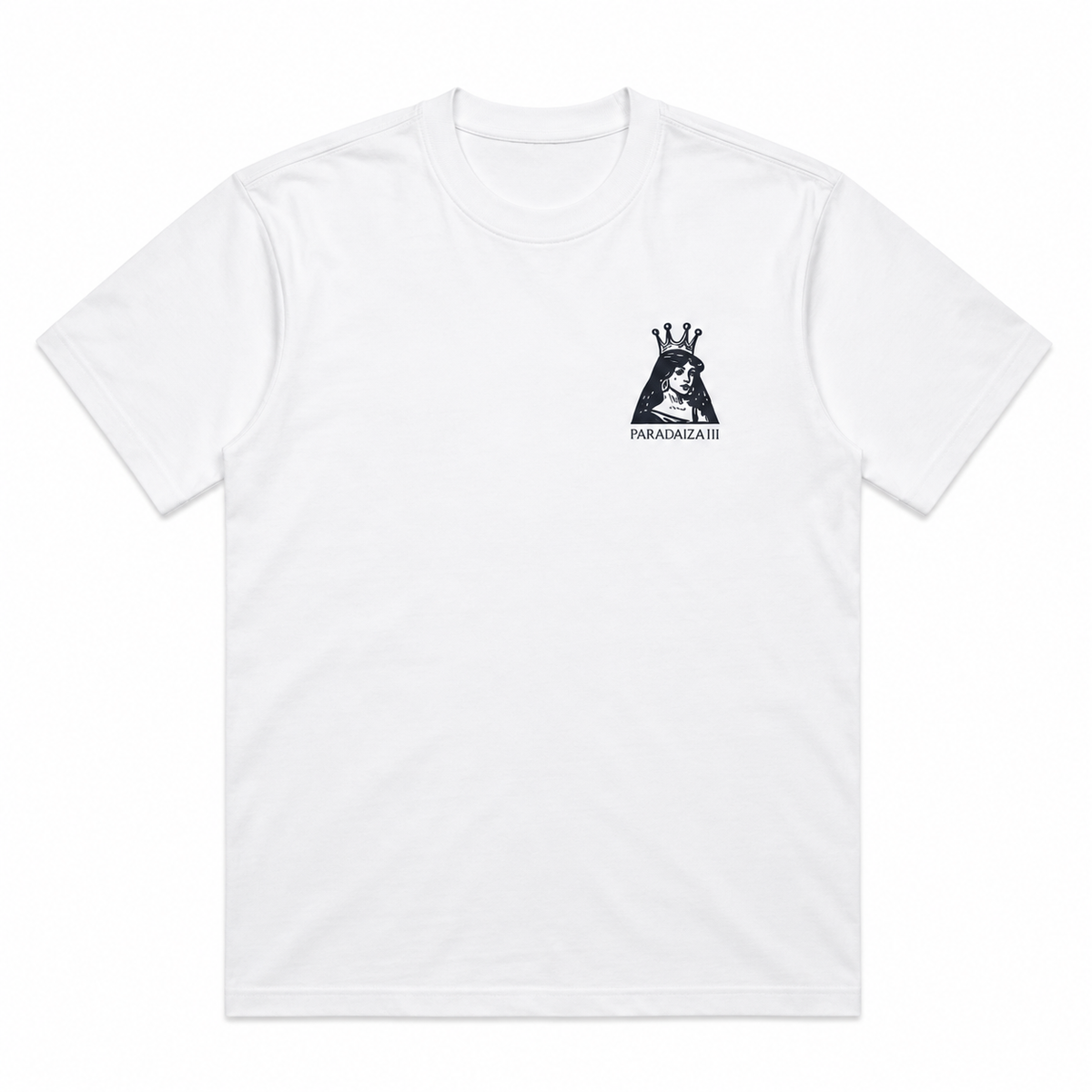 White t-shirt with a black silhouette design on a white background