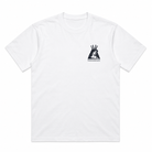 White t-shirt with a black silhouette design on a white background