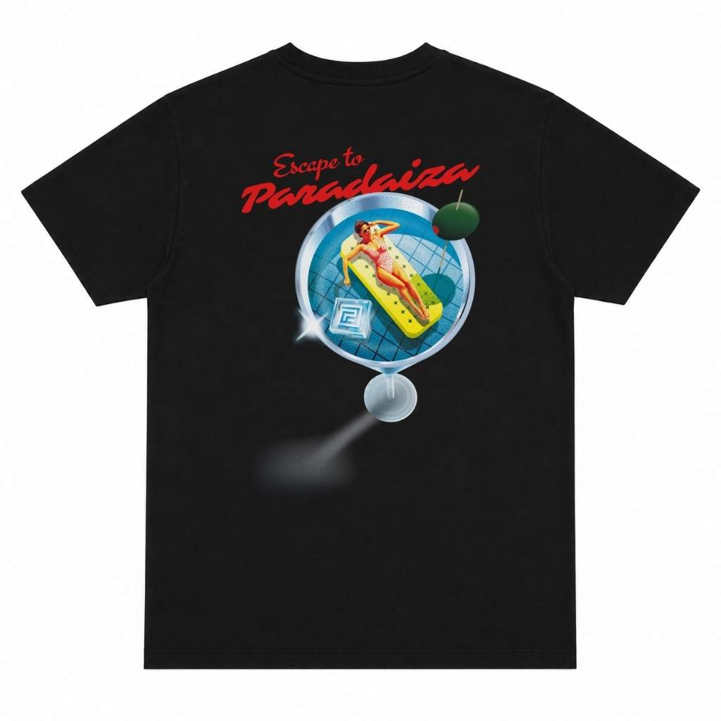 Black paradaiza  t-shirt with 'Escape to Paradaiza' graphic design on a white background