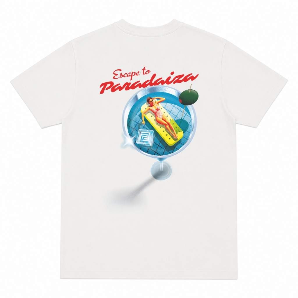 White t-shirt with 'Escape to Paradaiza' graphic design featuring a woman on an inflatable raft.