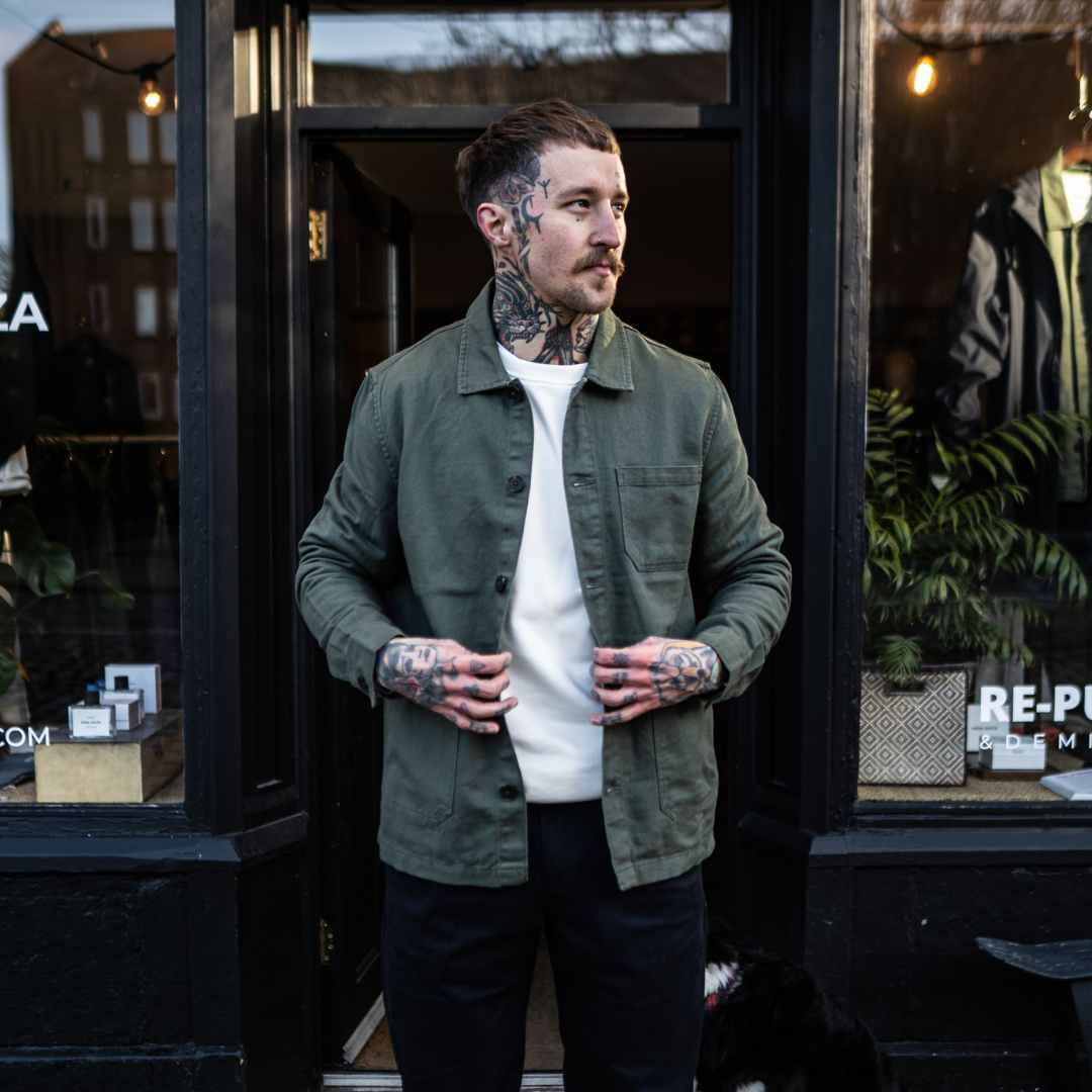 model wears olive paradaiza worker jacket