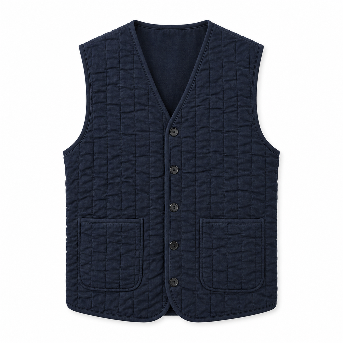 A dark navy blue quilted vest with a button-up front and two front patch pockets, shown flat against a plain white background.