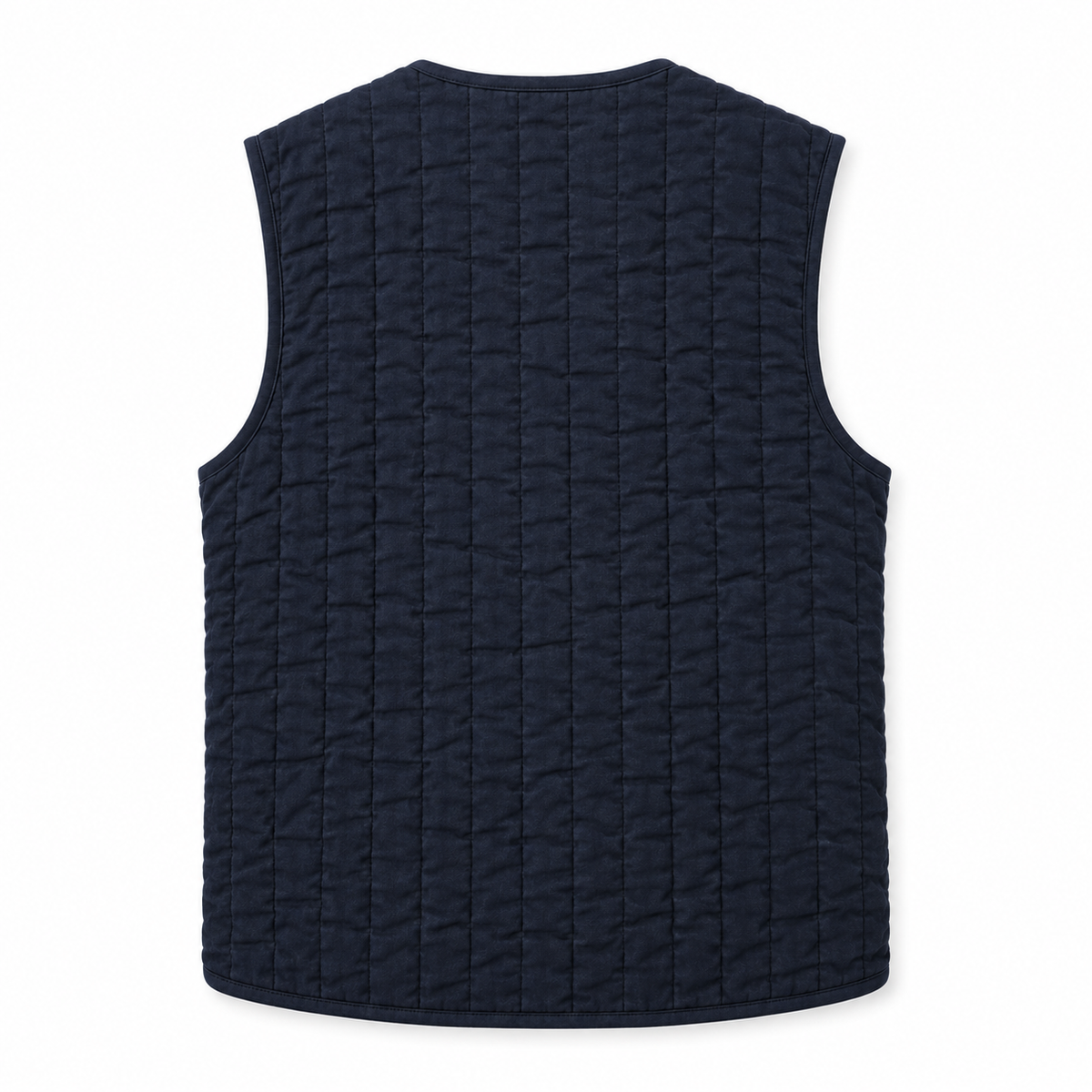 A dark navy blue quilted sleeveless vest with a textured vertical pattern, shown flat against a white background.