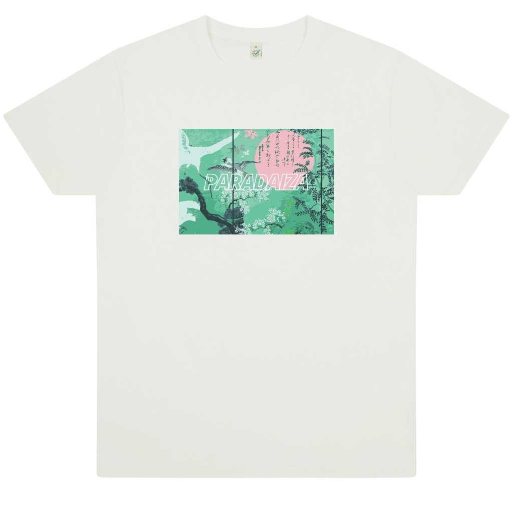 White  paradaiza t-shirt with a colorful graphic design on a white background