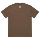 A brown short-sleeve t-shirt shown from the back, featuring a small white geometric logo centered below the neckline, set against a plain white background.