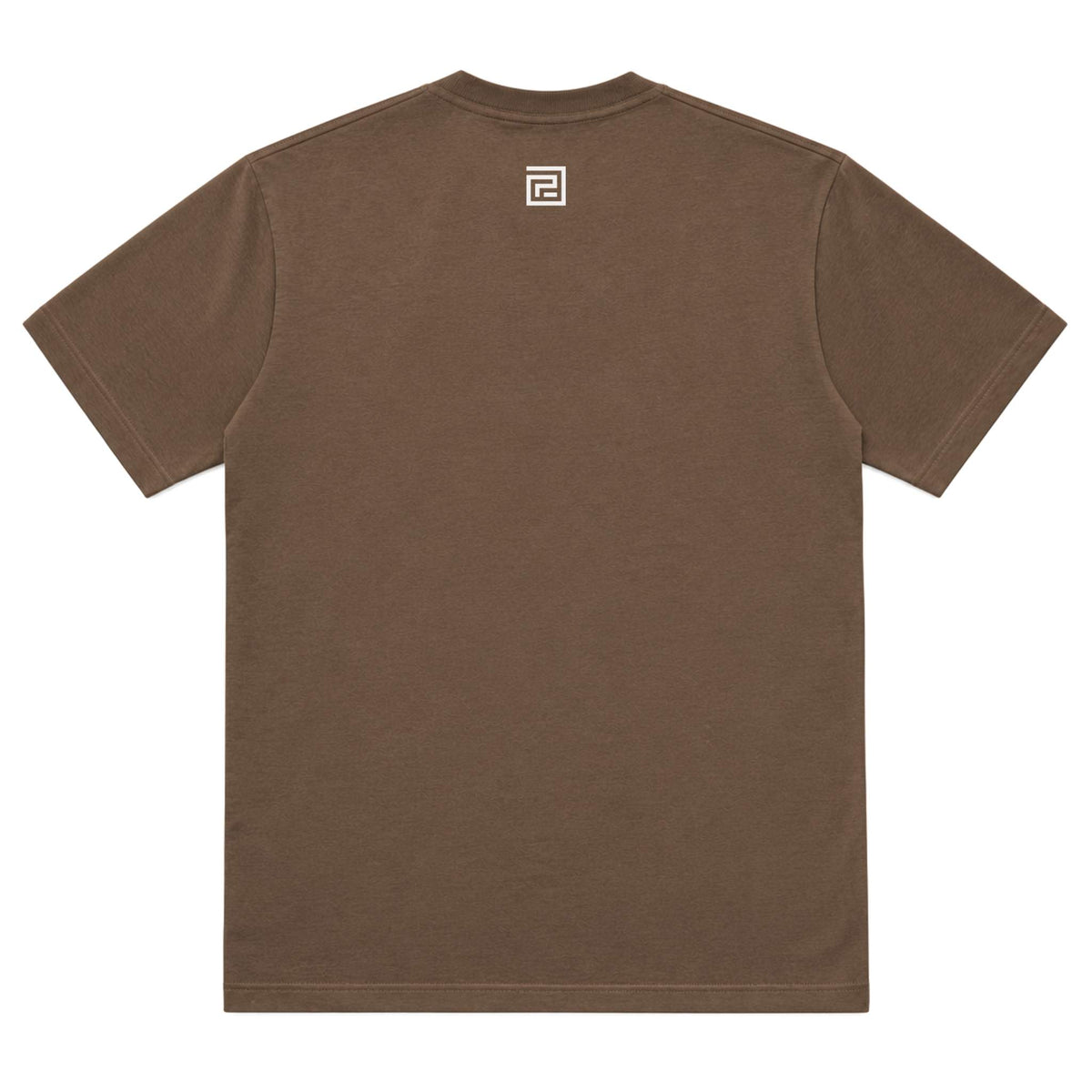 A brown short-sleeve t-shirt shown from the back, featuring a small white geometric logo centered below the neckline, set against a plain white background.